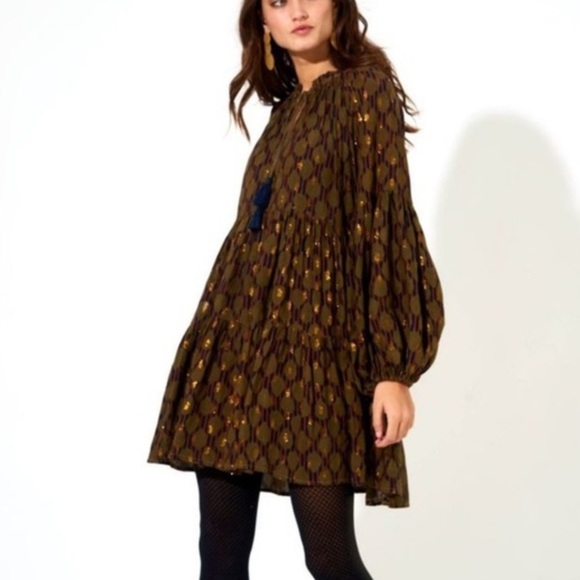 Oliphant Balloon Sleeve Short Dress Fig Olive Tassels Medium V2 - Picture 1 of 10